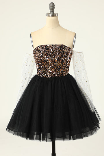 Czarna Sukienka Koktajlowa z Cekinami